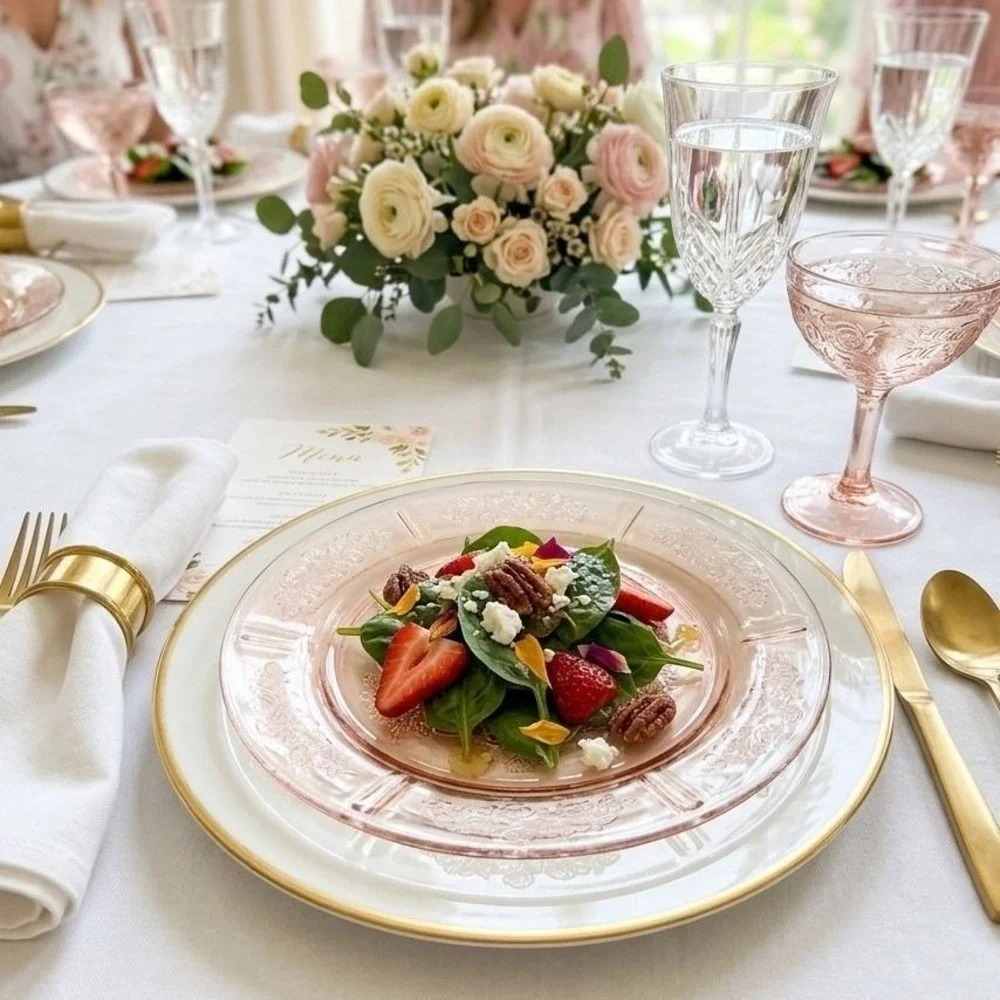 Vintage Pink Depression Glass Dinner Plate Rose Garden‎ Floral Etched 9 Inch